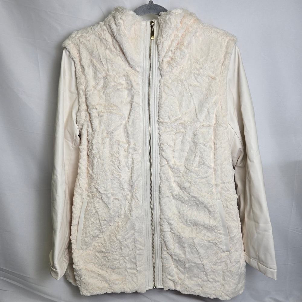 Dennis Basso Sterling Faux Fur & Faux Leather Convertible Jacket, White, Medium